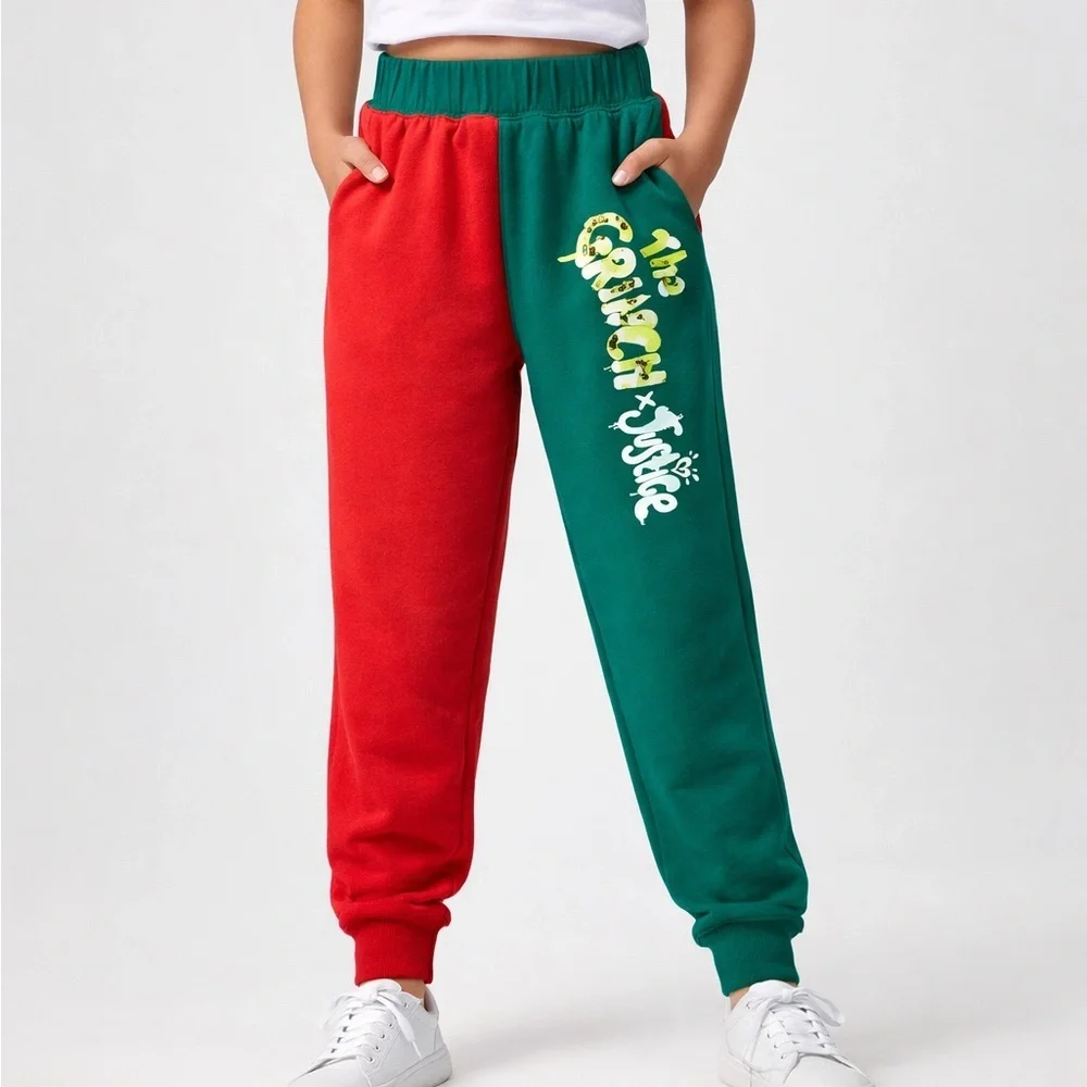 Justice Grinch Jogger Sweatpants Girls M (10) Red Green Christmas Holiday